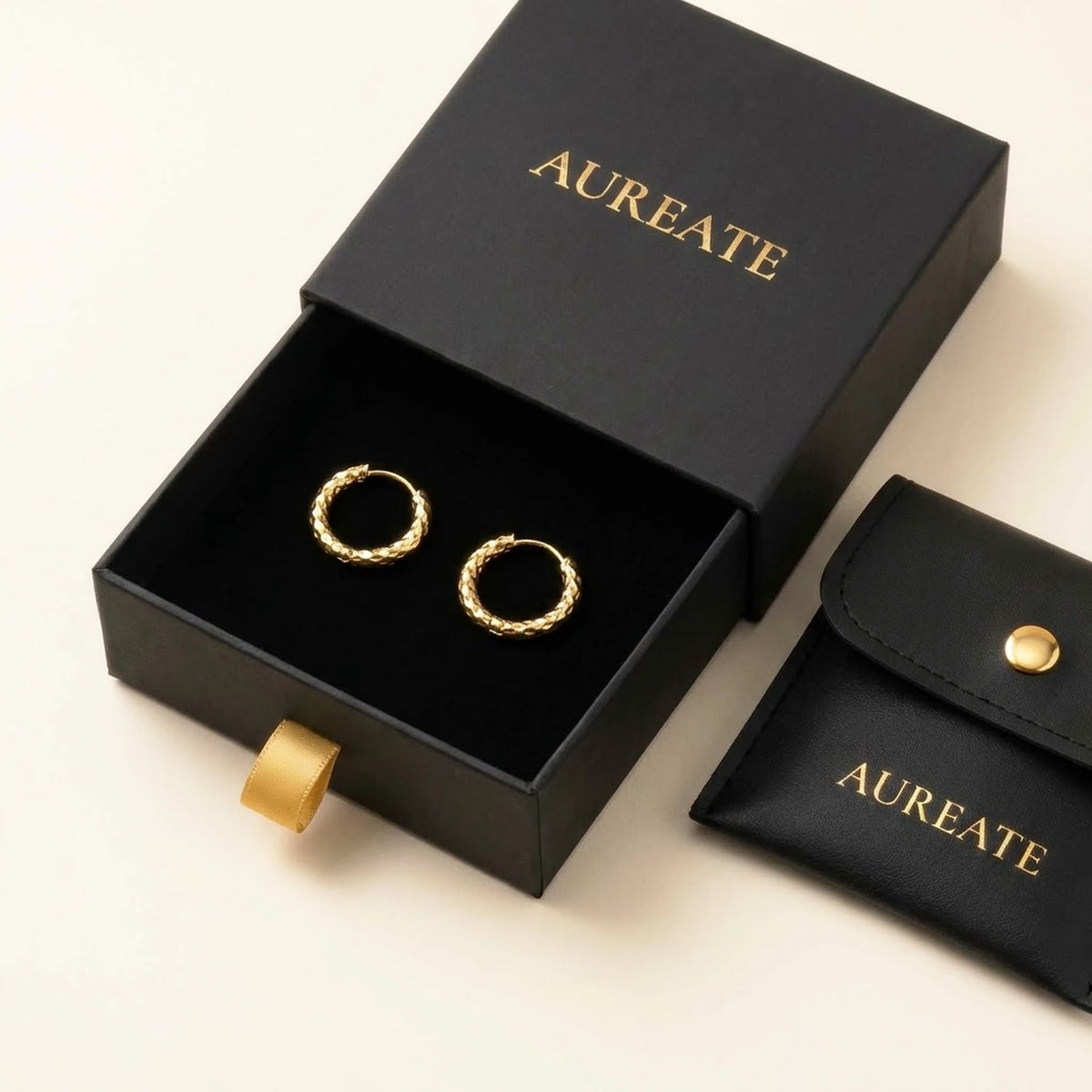 18K gold plated twisted rope huggie hoop earrings, in its gift box | SKU: AUR-TWRHUG-G