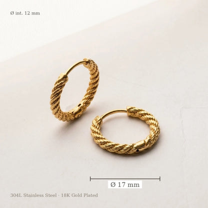 18K gold plated twisted rope huggie hoop earrings, size guide with measurements | SKU: AUR-TWRHUG-G