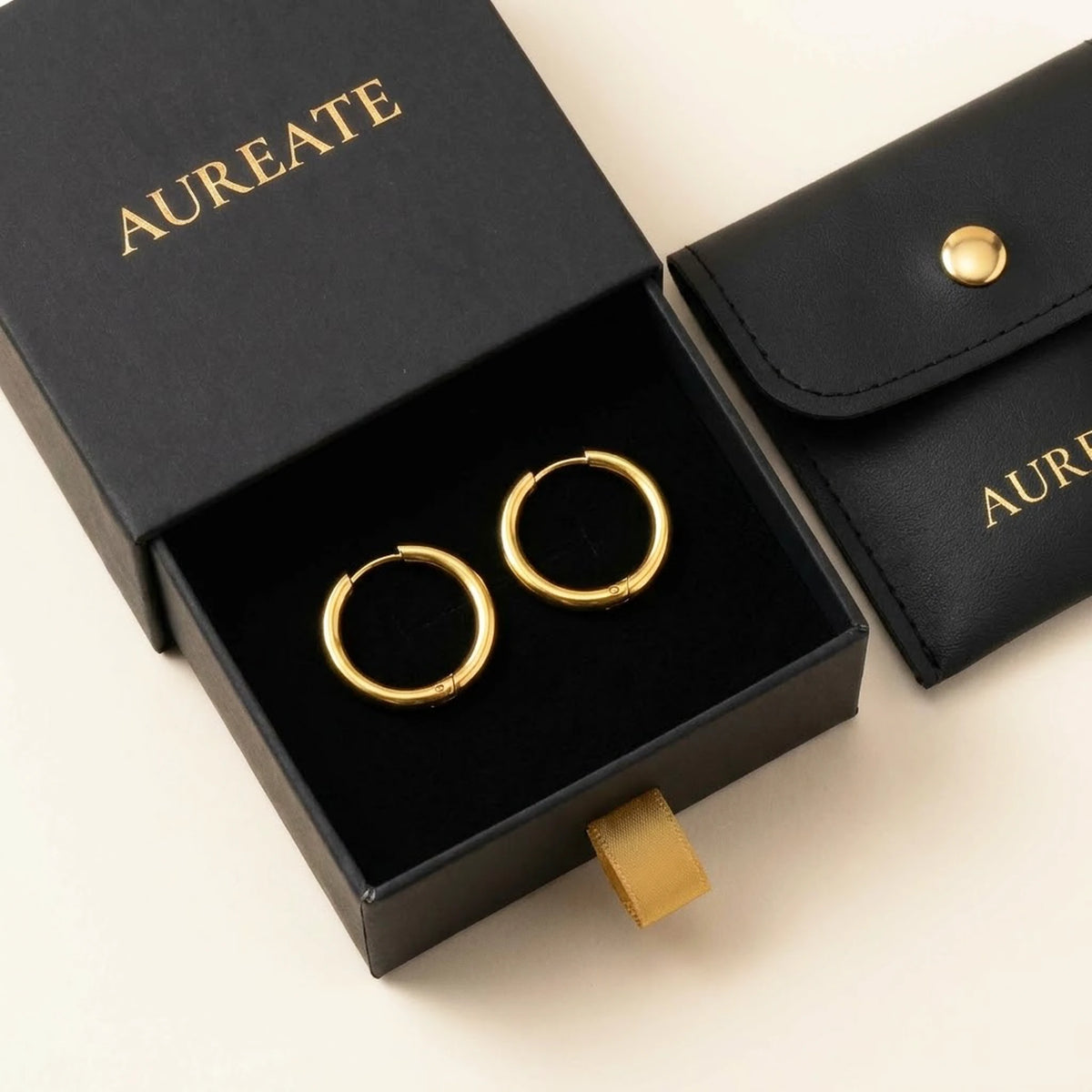 18K gold plated waterproof hoop earrings, in its gift box | SKU: AUR-CLSHOP-G