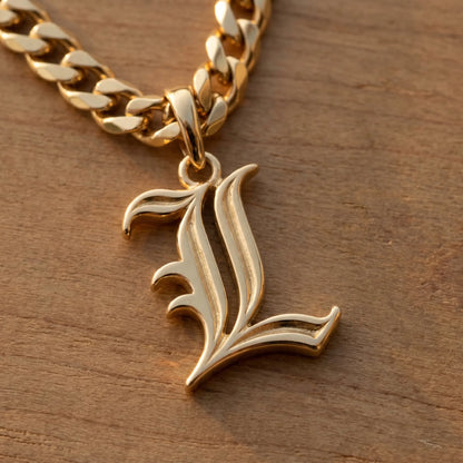 Gothic Initial Cuban Link Gold macro detail L