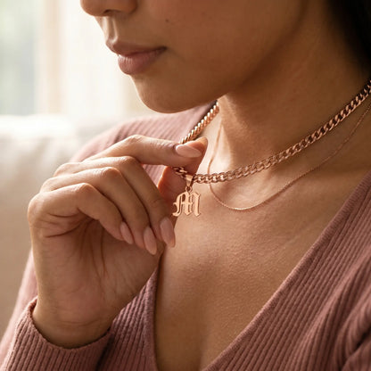 Gothic Initial Cuban Link Rose Gold lifestyle tender hand M