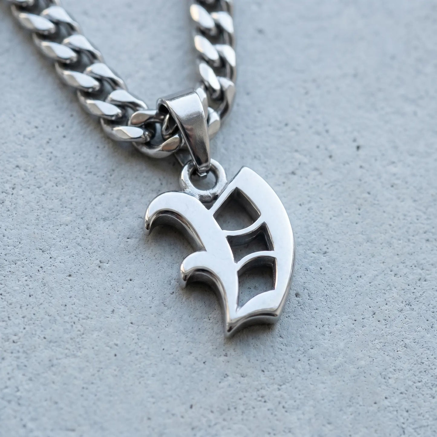 Gothic Initial Cuban Link Silver macro detail V