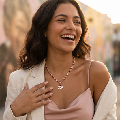 Gothic Initial Cuban Link Rose Gold lifestyle joy laugh S