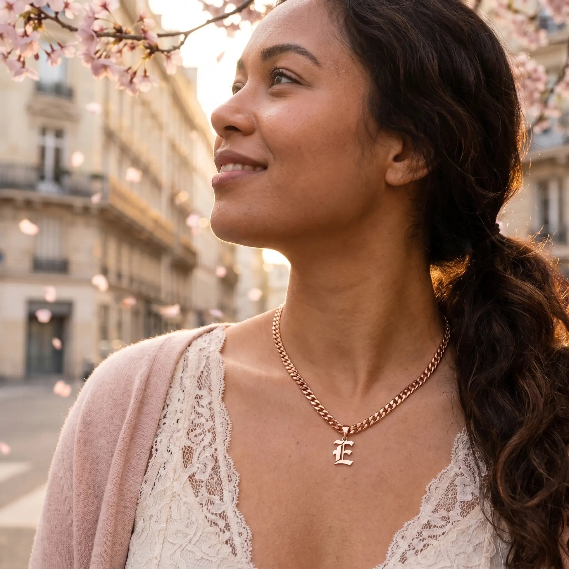 Gothic Initial Cuban Link Rose Gold lifestyle subtle smile Paris E