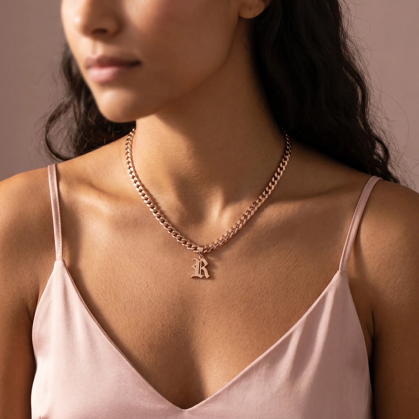 Gothic Initial Cuban Link Rose Gold studio worn close-up R