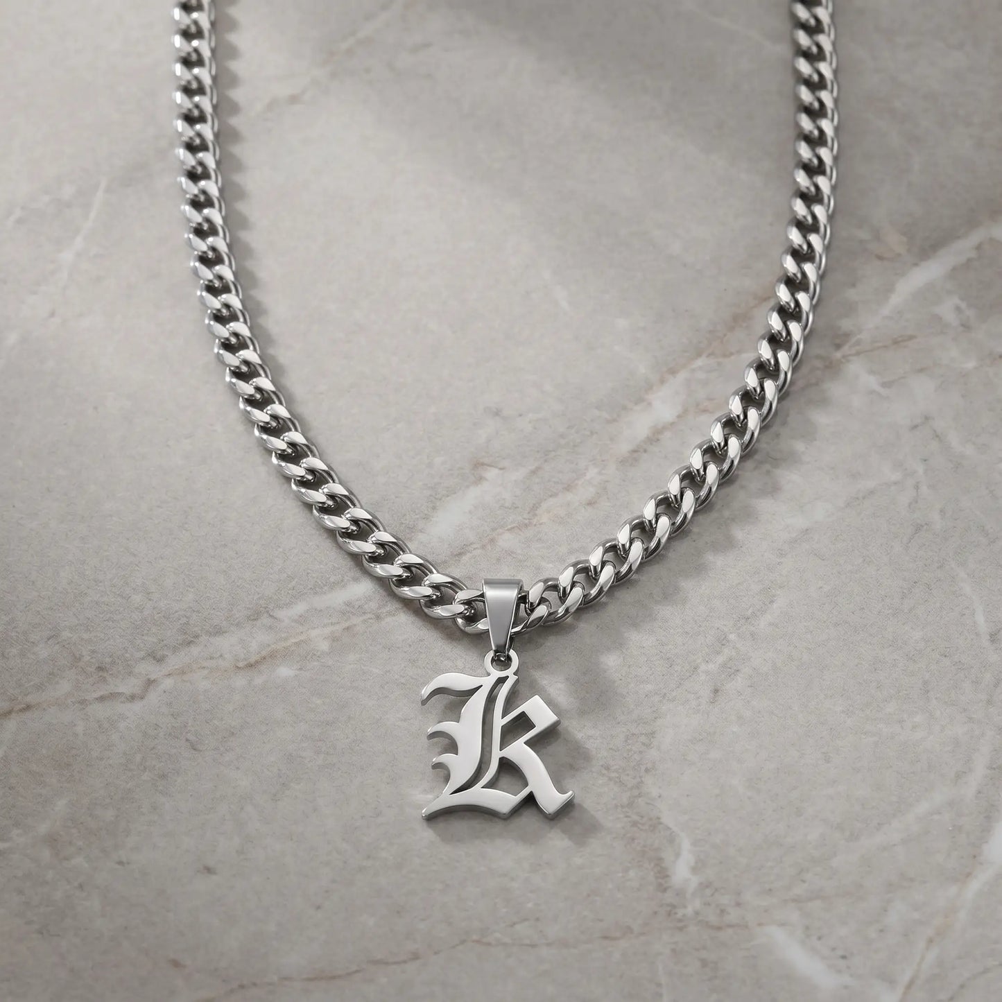 Gothic Initial Cuban Link Silver packshot K