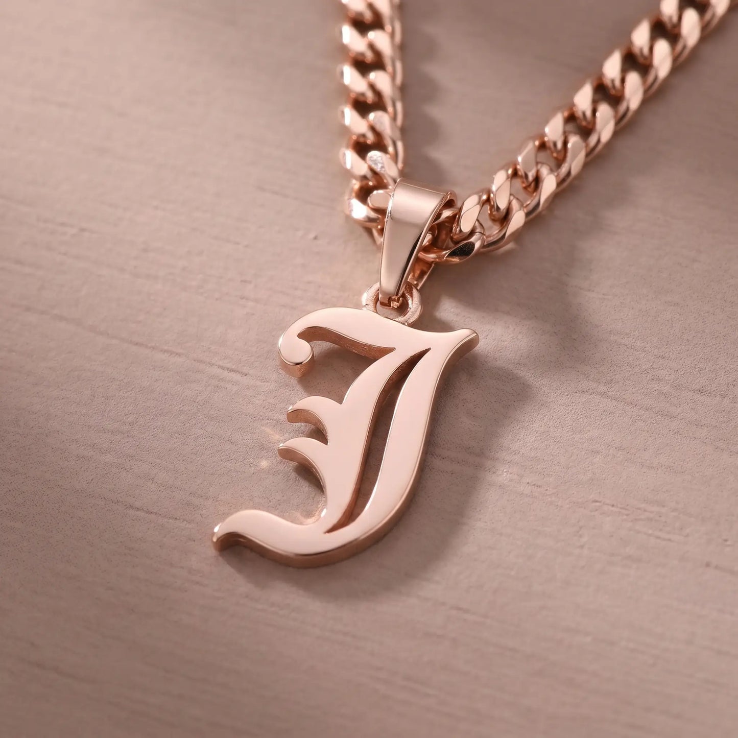 Gothic Initial Cuban Link Rose Gold macro detail J