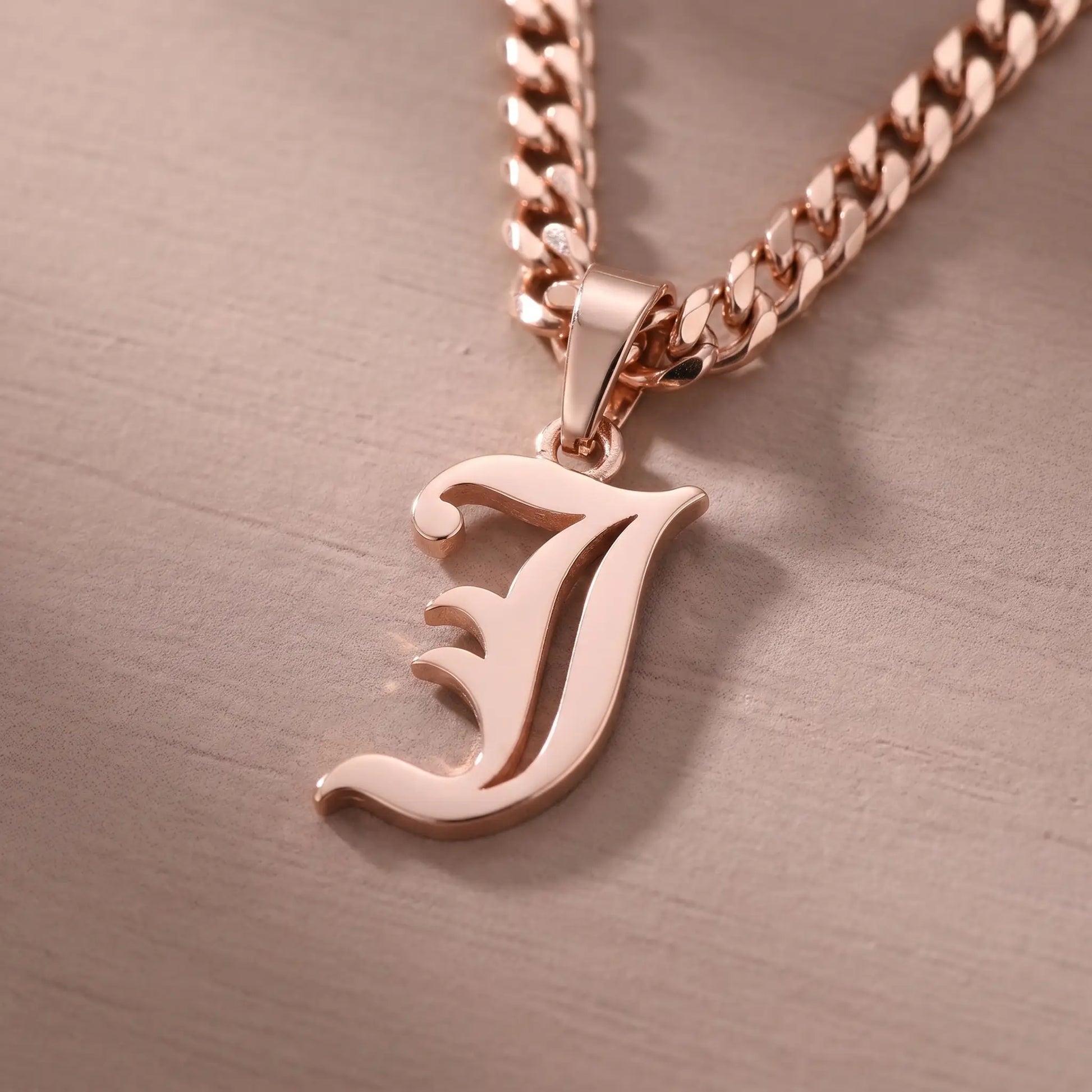 Gothic Initial Cuban Link Rose Gold macro detail J