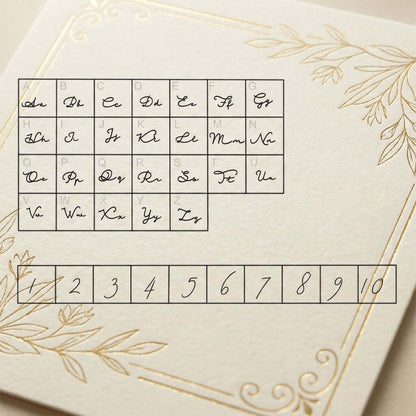 Vertical Personalised Necklace customization guide with elegant script alphabet and numbers on cream background.