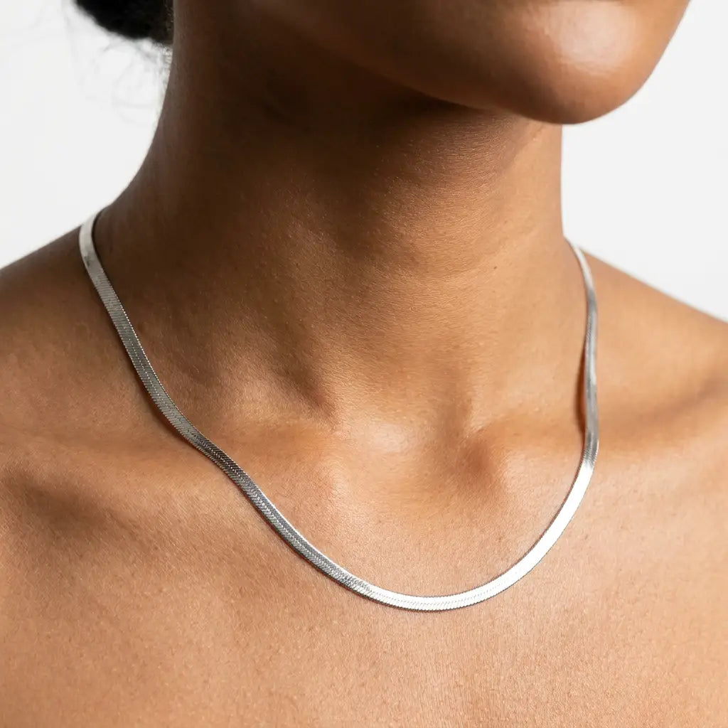 3mm Herringbone Silver Chain on neck studio featured