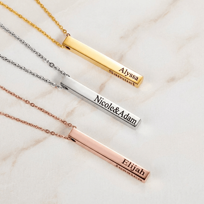 3D Bar Engraved Necklace by AUREATE featuring personalized names on gold, silver, and rose gold finishes.