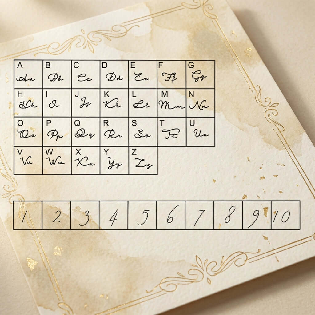 AUREATE Petit Name Necklace personalized options chart on elegant gold-accented paper.