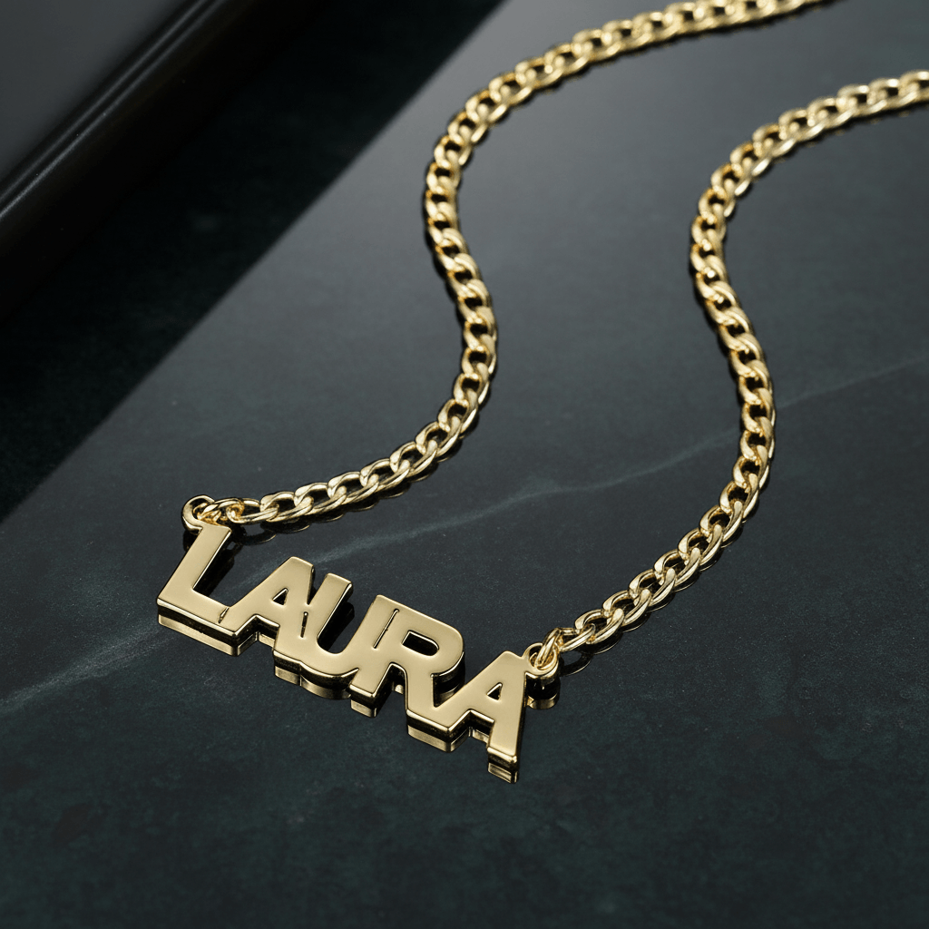 Block Name Necklace with Cuban Chain by AUREATE featuring gold name pendant 'LAURA' on chunky link chain.