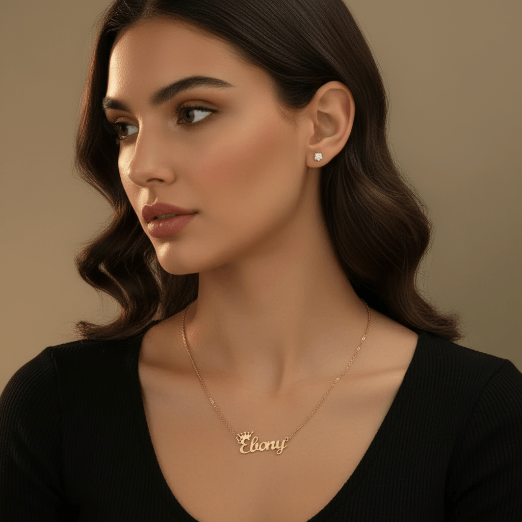 Royal Style Name Necklace by AUREATE, featuring a gold-plated design personalized with the name Ebony.