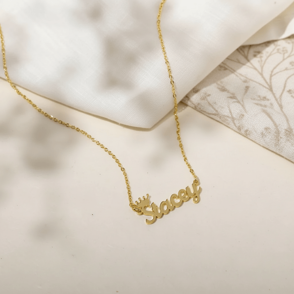 Royal Style Name Necklace in gold with custom name 'Stacy', perfect for personalized gifting by AUREATE.