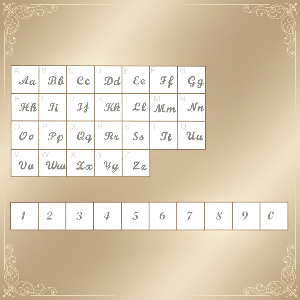 Royal Style Name Necklace font style chart featuring letters and numbers on a stylish gold background.