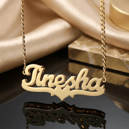 Double Plated Heart Name Necklace with Cuban Chain by AUREATE featuring a personalized gold nameplate.