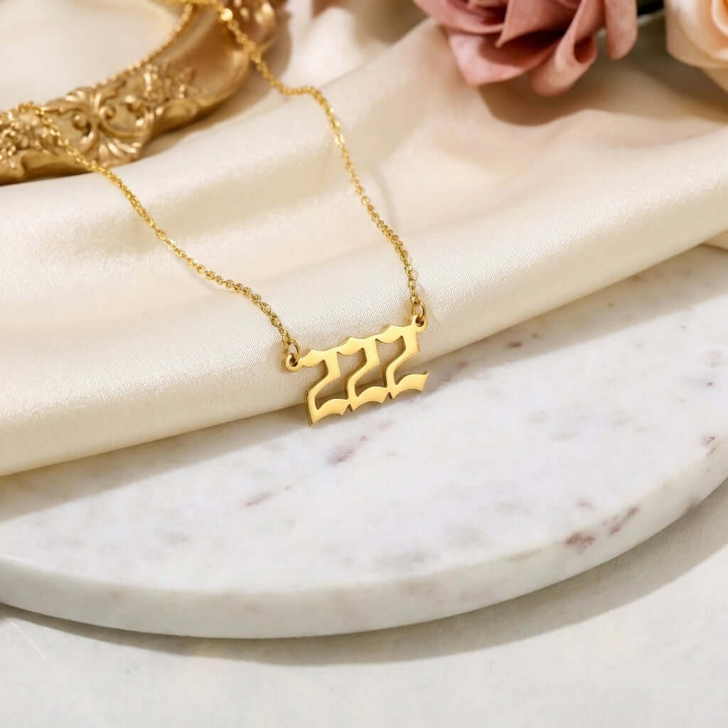 Angel Number Pendant Necklace by AUREATE, featuring a gold 222 design, perfect for everyday spiritual jewelry.