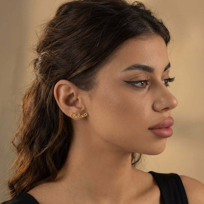 AUREATE Name Letter Stud Earrings on a model showcasing personalized jewelry trend.