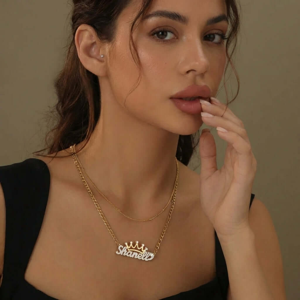 Model wearing Double Plated Crown Name Necklace with Figaro Chain by AUREATE, featuring personalized name design.