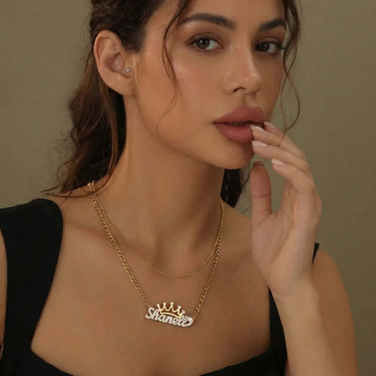 Model wearing Double Plated Crown Name Necklace with Figaro Chain by AUREATE, featuring personalized name design.