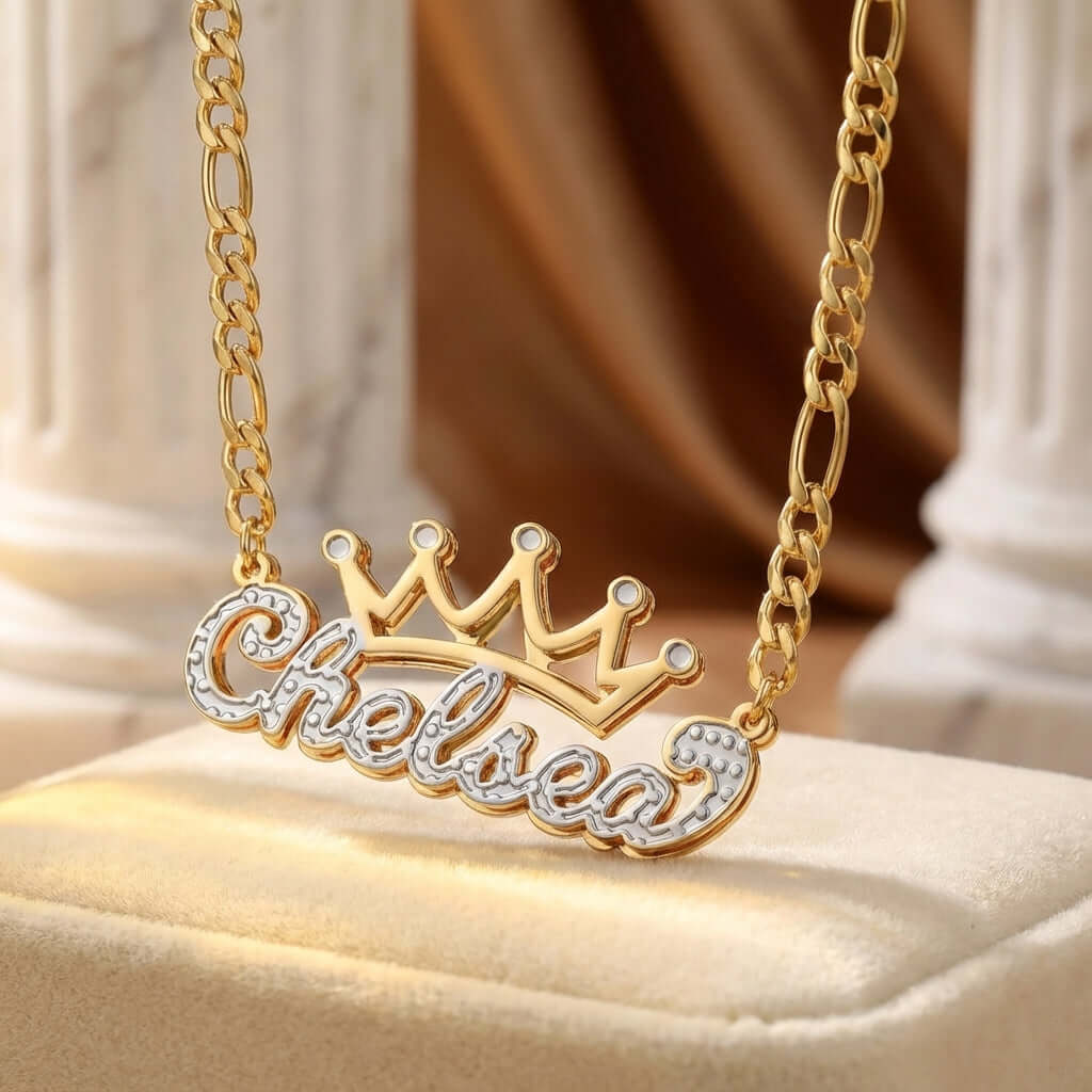 Double Plated Crown Name Necklace with Figaro Chain by AUREATE features a personalized name with a regal crown design.
