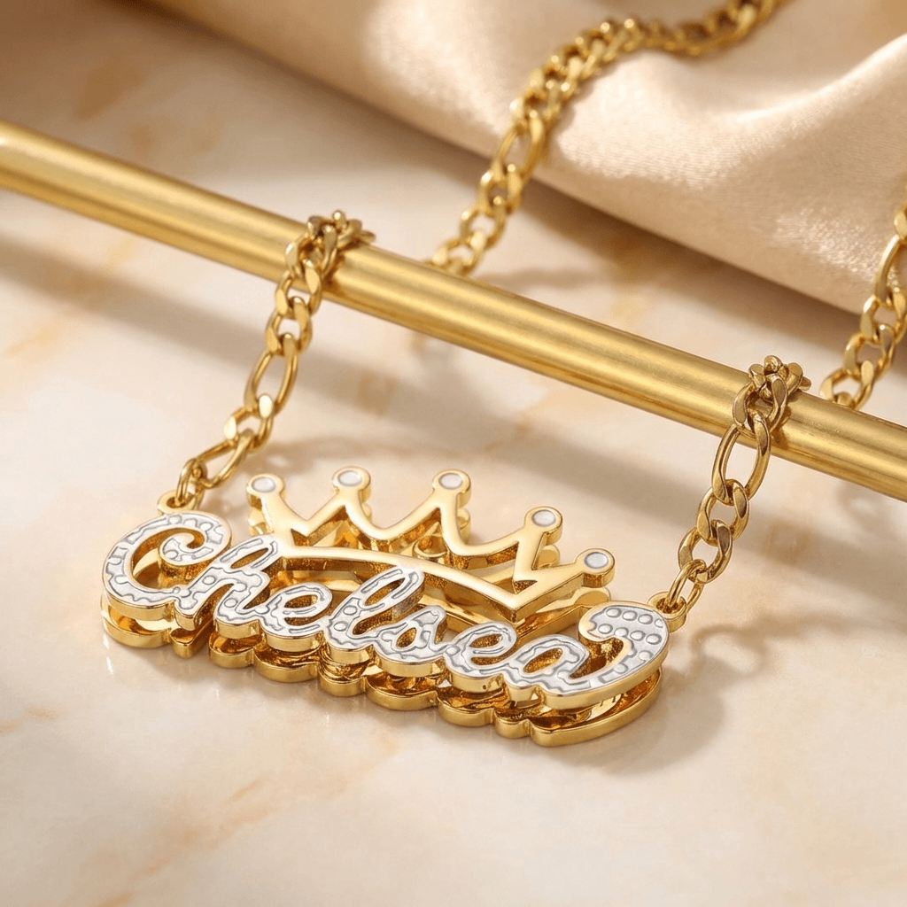 Double Plated Crown Name Necklace with Figaro Chain by AUREATE, featuring a crown design and personalized name.