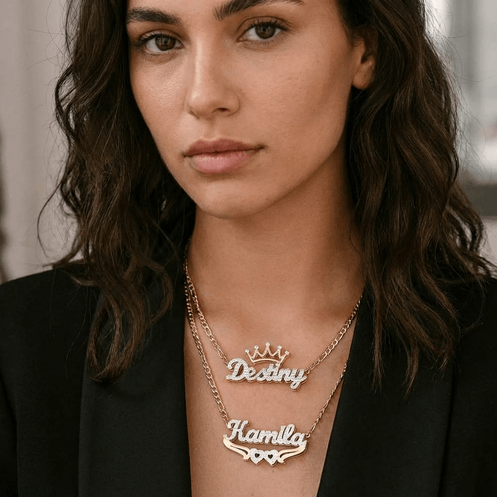 Double Heart Name Necklace with Figaro Chain worn by a model, showcasing AUREATE brand's unique design.