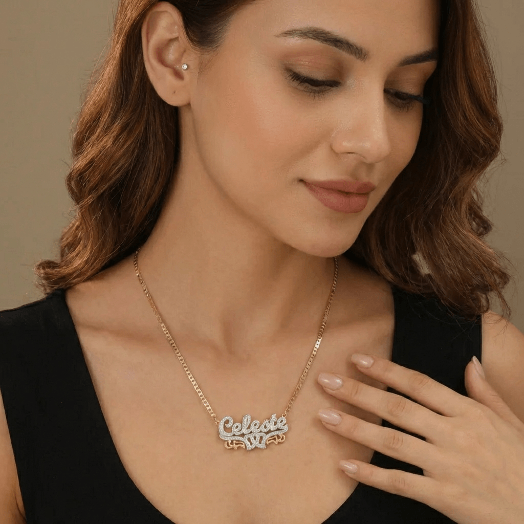 AUREATE Double Heart Name Necklace with Clip Chain worn by a woman highlighting the elegant design.