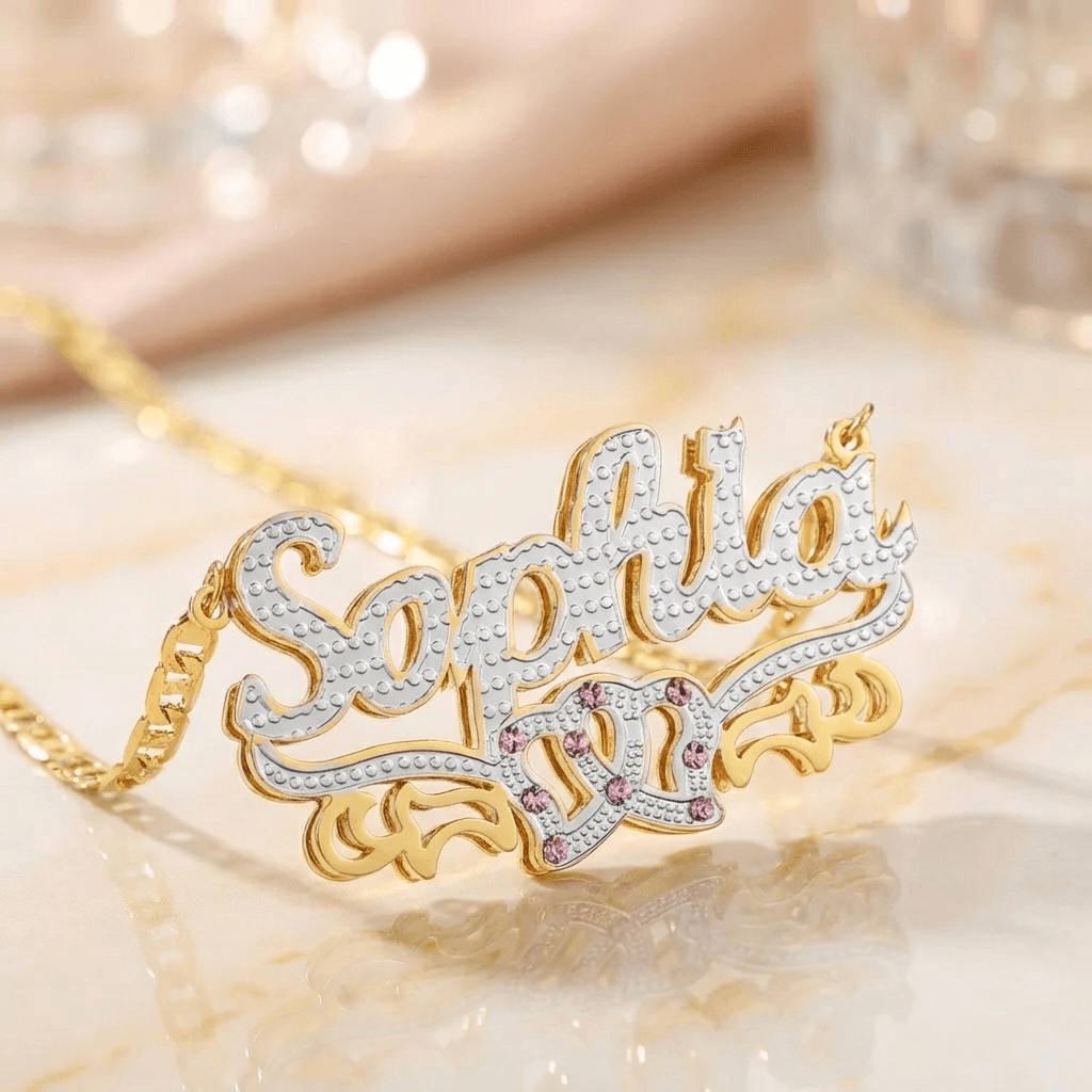 Double Heart Name Necklace with Clip Chain by AUREATE, featuring personalized name design with elegant details.