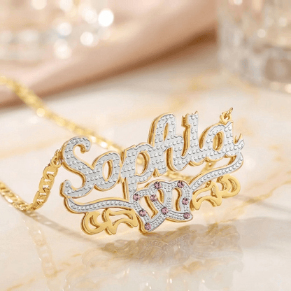Double Heart Name Necklace with Clip Chain by AUREATE, featuring personalized name design with elegant details.