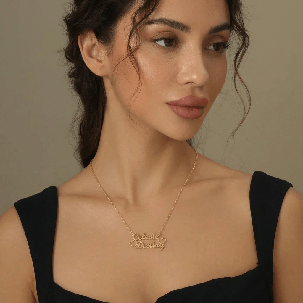 AUREATE Two Name Necklace showcasing personalized names Celeste and Destiny, worn elegantly on a model.
