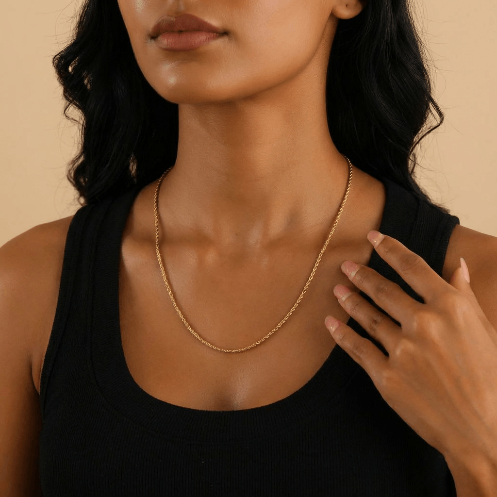 AUREATE 2mm Rope Chain necklace worn by a model, showcasing its texture and minimalist design.