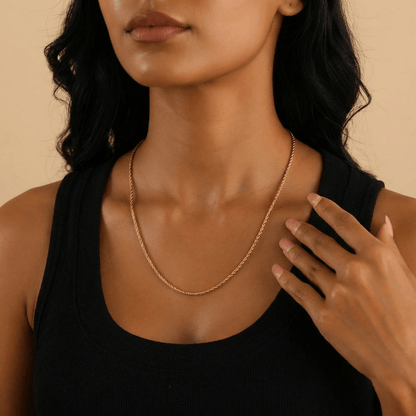 AUREATE 2mm Rope Chain necklace worn by a model, showcasing its texture and minimalist design.