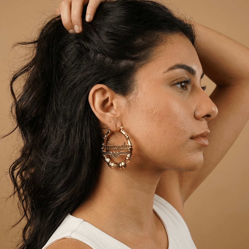 AUREATE Double Plated Bamboo Name Hoops worn by a model, showcasing the 90s-inspired design and premium 3D effect.