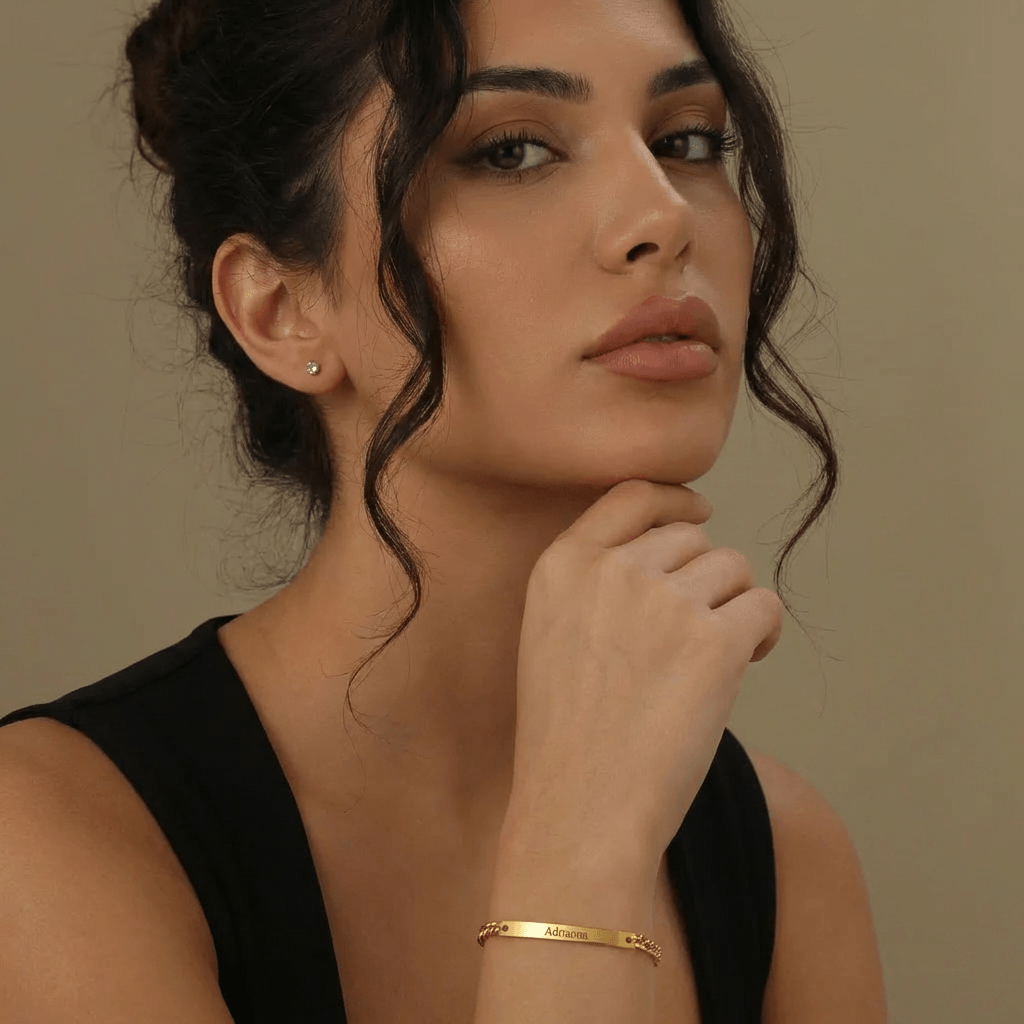AUREATE Bar Bracelet with Engraving worn by a model, showcasing customizable minimalist design.