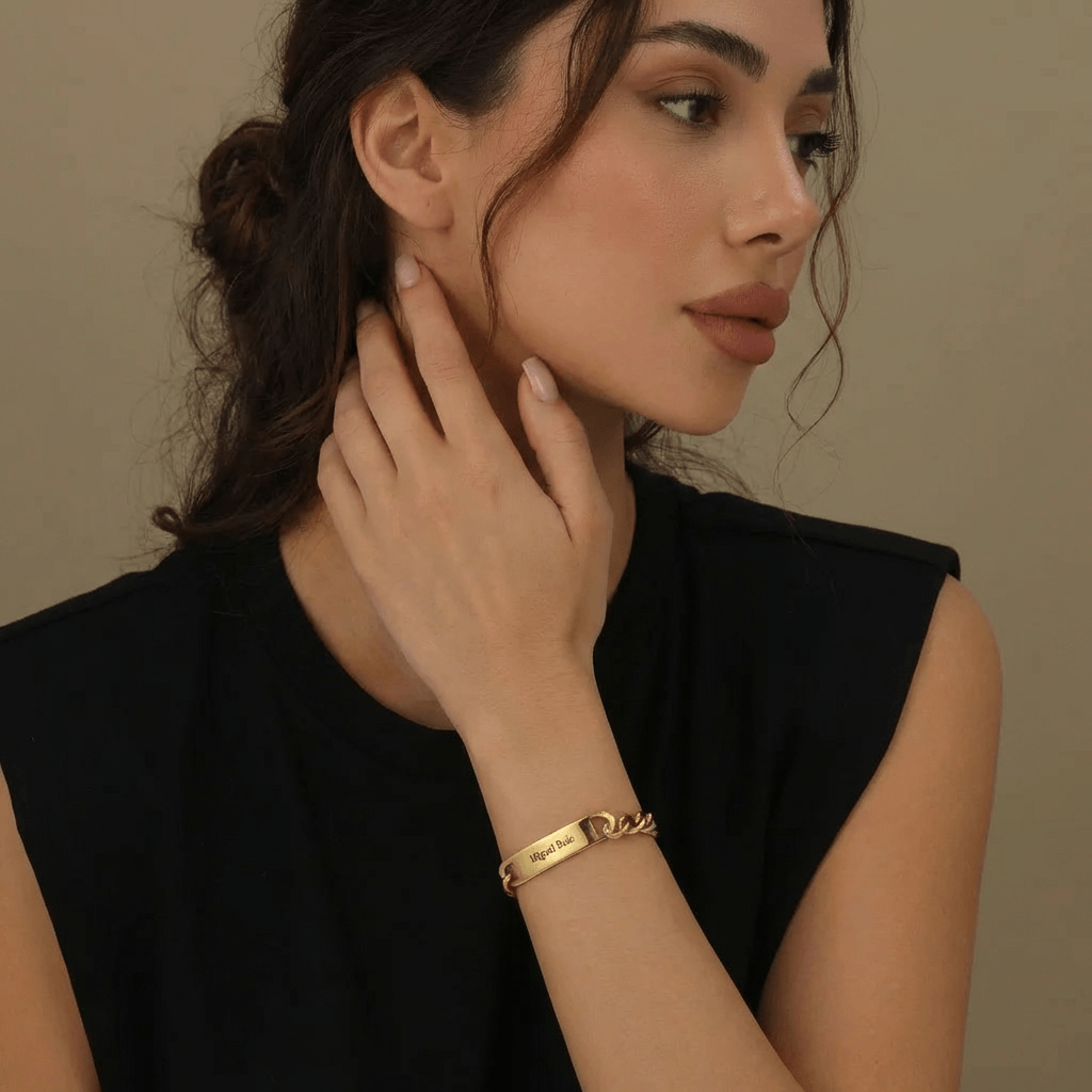 Cuban Link Bar Bracelet with Engraving worn by a model, showcasing AUREATE's minimalist jewelry design.