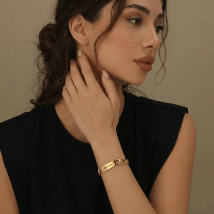 Cuban Link Bar Bracelet with Engraving worn by a model, showcasing AUREATE's minimalist jewelry design.