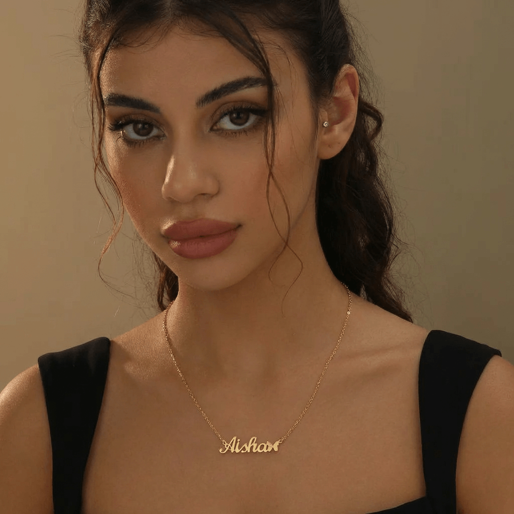 Butterfly Personalised Name Necklace by AUREATE worn by a model, featuring a custom name design with butterfly motif.