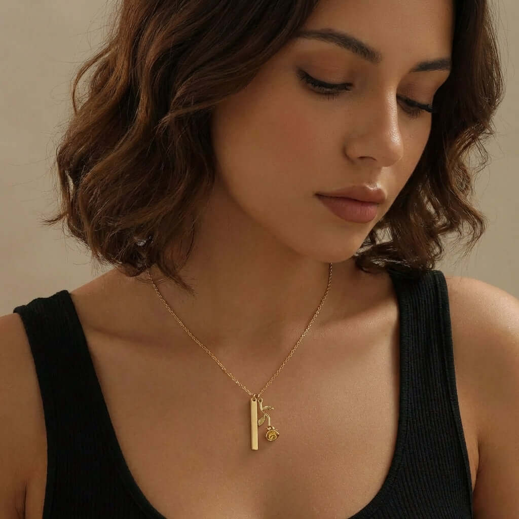 Rose Bar Necklace with Engraving worn by model, showcasing AUREATE's elegant design and engraving detail.