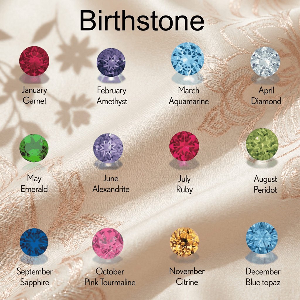 Birthstone chart showcasing vibrant gems for each month, ideal for Birthstone Personalised Name Necklace.