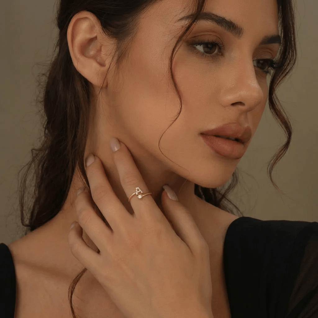 Iced Initial Signet Ring worn by a model, featuring AUREATE's signature design and elegant style.