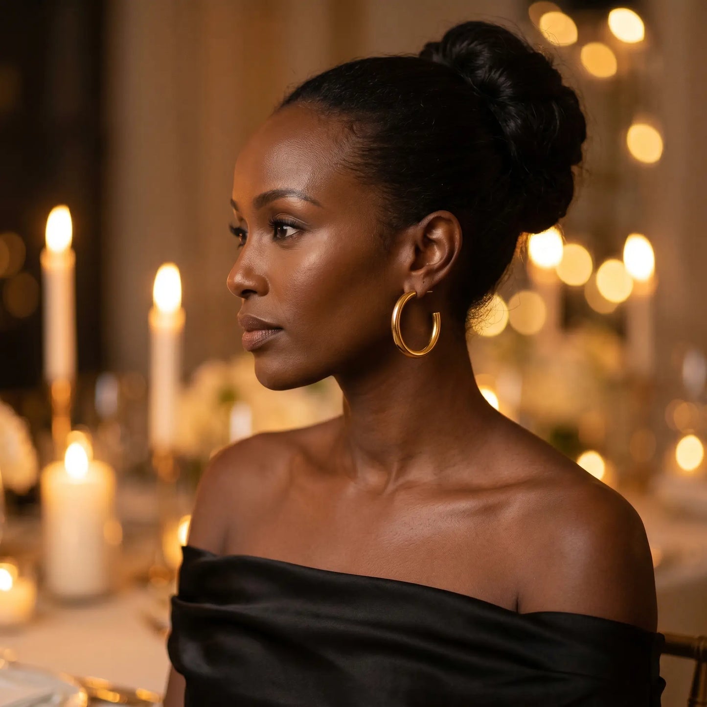 Woman at evening gala wearing Chunky Gold Hoop Earrings - candlelight editorial