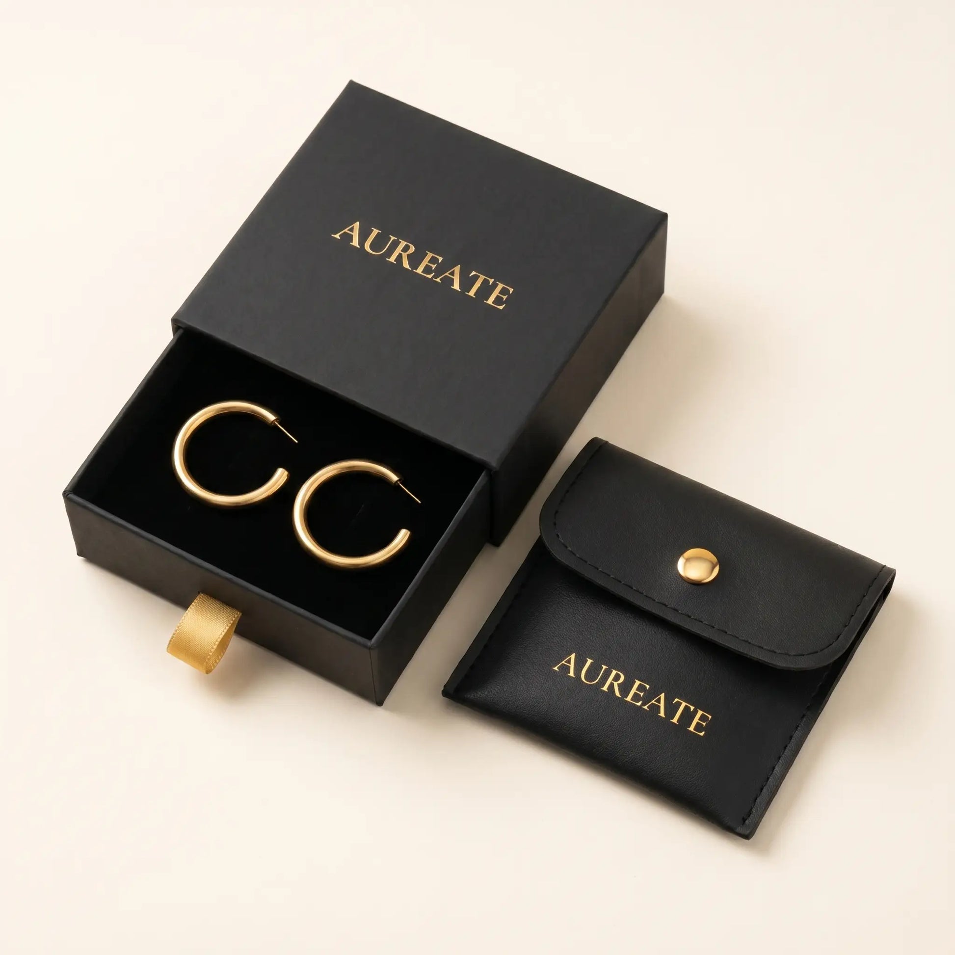 Chunky Gold Hoop Earrings in AUREATE gift box with leather pouch