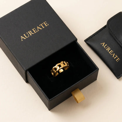 Cuban Link Gold Band Ring in AUREATE gift box with leather pouch
