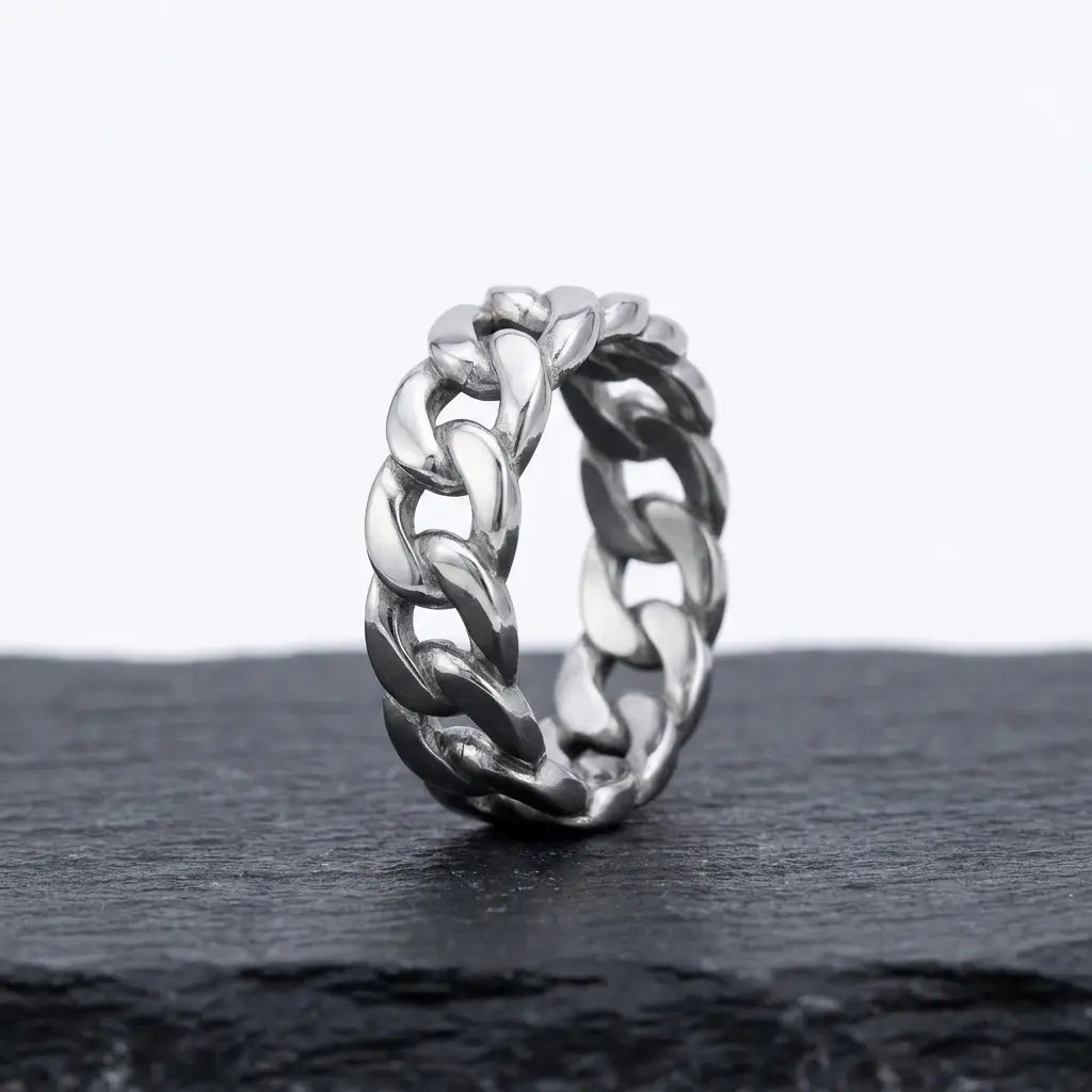 Silver Cuban Link Band Ring - product packshot on slate