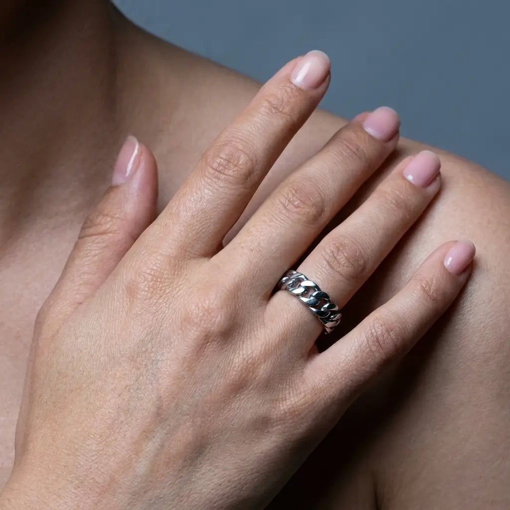 Silver Cuban Link Band Ring on hand - 3/4 studio portrait