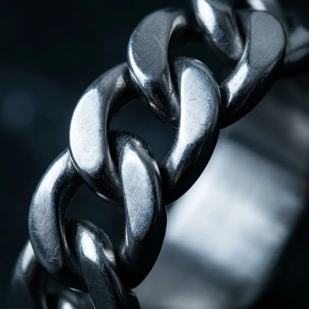 Silver Cuban Link Band Ring - extreme macro detail of chain pattern