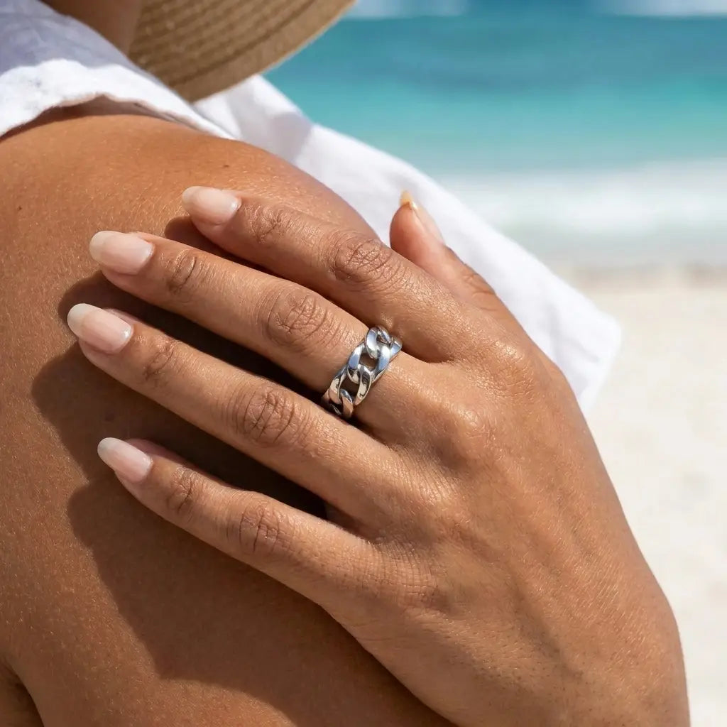 Silver Cuban Link Band Ring - beach lifestyle