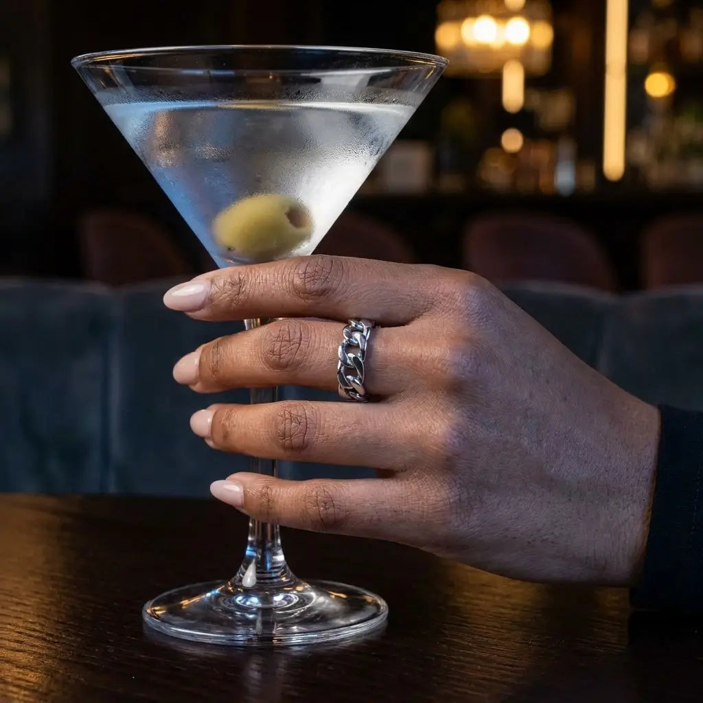 Silver Cuban Link Band Ring - evening cocktail